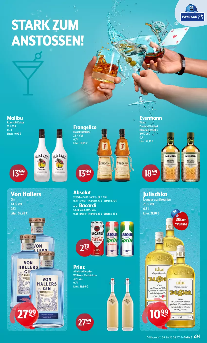 Aktueller Prospekt Getraenke Hoffmann - Prospekte - von 11.08 bis 16.08.2025 - strona 5 - produkty: bacardi, coca-cola, cola, frangelico, gin, haselnuss, Julischka, kokos, likör, liqueur, Malibu, nuss, rum, Ti, whisky