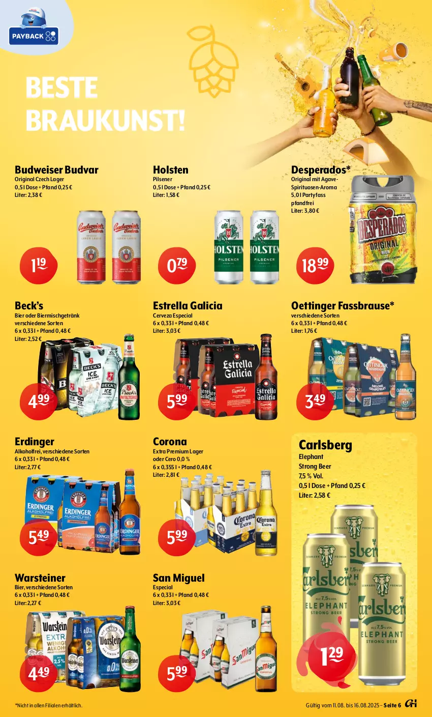 Aktueller Prospekt Getraenke Hoffmann - Prospekte - von 11.08 bis 16.08.2025 - strona 6 - produkty: alkohol, bier, brause, budweiser, carlsberg, corona, corona extra, desperados, eis, erdinger, fassbrause, getränk, gin, holsten, holsten pilsener, oettinger, pils, pilsener, rel, spirituosen, steiner, Ti, warsteiner