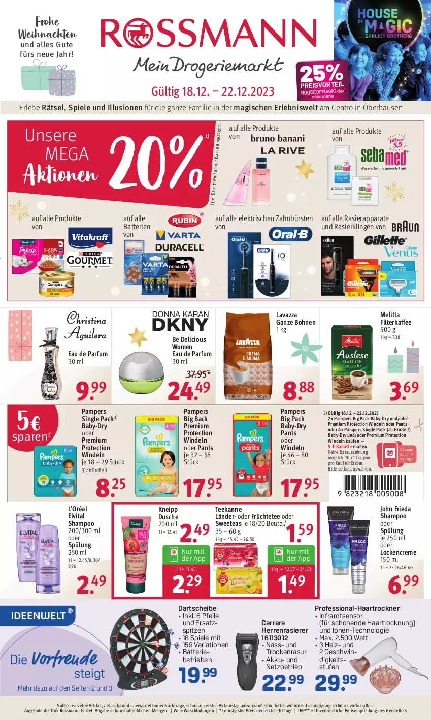 Aktueller Prospekt Rossmann - Prospekte - von 18.12 bis 22.12.2023 - strona 1 - produkty: akku, angebot, angebote, baby-dry, batterie, batterien, beutel, bohne, bohnen, bürste, bürsten, Carrera, coupon, creme, dusche, Eau de parfum, eau de parfum 30 ml, eis, elle, elvital, filterkaffee, früchte, Früchtetee, haartrockner, herrenrasierer, kaffee, kneipp, lavazza, lavazza ganze bohne, melitta, pampers, Pants, parfum, preisvorteil, rasierapparat, rasierer, Rasierklinge, rasierklingen, reis, Ria, shampoo, shampoo oder spülung, Spiele, spülung, tee, teekanne, teller, Ti, Trockner, vita, weihnachten, windeln, windeln oder pants, zahnbürste, zahnbürsten, ZTE