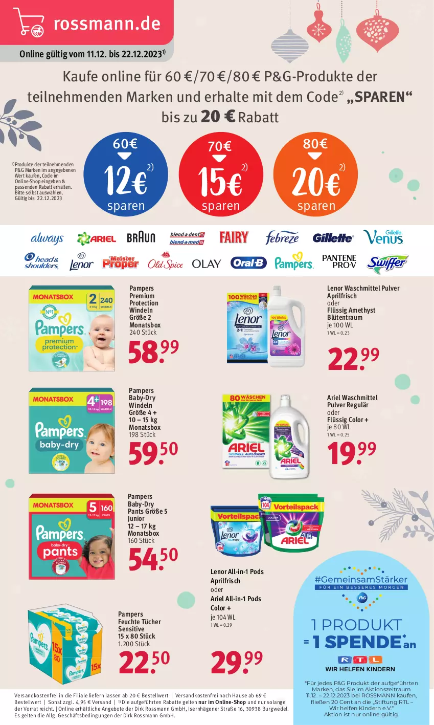 Aktueller Prospekt Rossmann - Prospekte - von 18.12 bis 22.12.2023 - strona 22 - produkty: angebot, angebote, ariel, ariel waschmittel, baby-dry, Blüte, feuchte tücher, Kinder, lenor, lenor waschmittel, LG, ndk, pampers, Pants, Pods, pril, Ti, tücher, versandkostenfrei, waschmittel, wedel, windeln