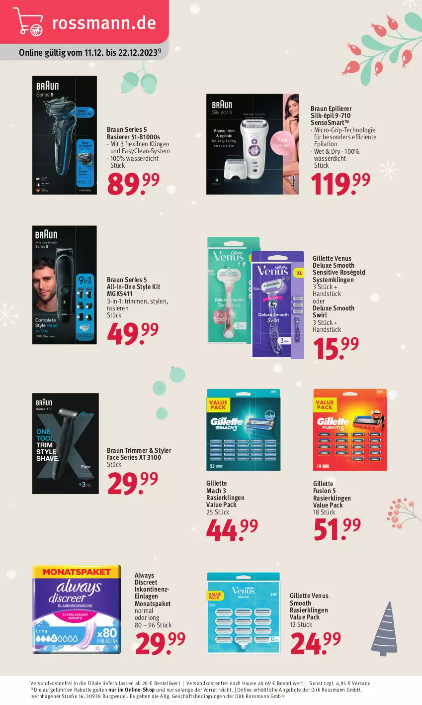 Aktueller Prospekt Rossmann - Prospekte - von 18.12 bis 22.12.2023 - strona 23 - produkty: Alwa, Always, angebot, angebote, braun, Discreet, ente, epilierer, gillette, gillette venus, LG, mac, ndk, rasierer, Rasierklinge, rasierklingen, swirl, Systemklingen, Ti, venus, versandkostenfrei, wasser, wedel