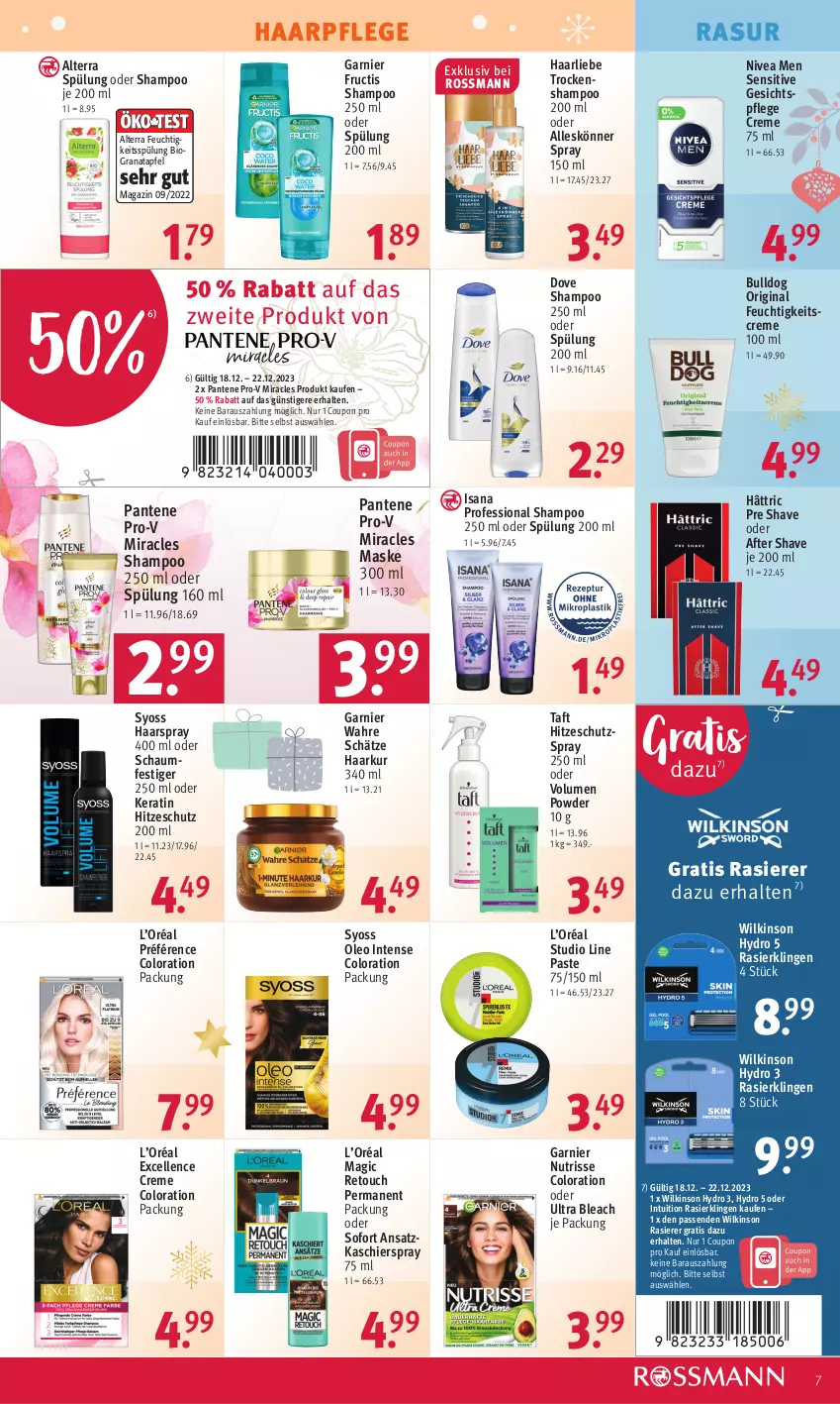 Aktueller Prospekt Rossmann - Prospekte - von 18.12 bis 22.12.2023 - strona 7 - produkty: after shave, alterra, apfel, bio, Bulldog, coupon, creme, dove, elle, feuchtigkeitscreme, fructis, garnier, gesichtspflege, gin, grana, granatapfel, haarpflege, haarspray, isana, magazin, Maske, nivea, Nivea Men, Nutrisse, oder schaumfestiger, pantene, pantene pro-v, pro-v, Rana, rasierer, Rasierklinge, rasierklingen, sana, schaumfestiger, shampoo, shampoo 250 ml, spülung, spülung 200 ml, syoss, Taft, Ti, Trockenshampoo, Wahre Schätze, wilkinson, Yo