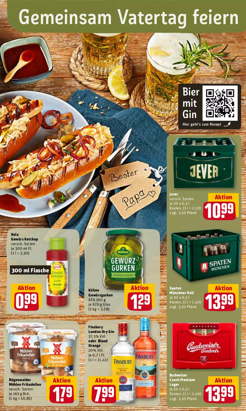 Aktueller Prospekt Rewe - Prospekte - von 23.05 bis 28.05.2022 - strona 13 - produkty: bier, budweiser, dell, dry gin, eier, eis, elle, finsbury, flasche, frikadellen, gewürz, Gewürzgurke, gewürzgurken, gin, gurke, gurken, Hela, jever, ketchup, Kühne, london dry, london dry gin, orange, rezept, rügenwalder, rügenwalder mühle, Spaten, Ti