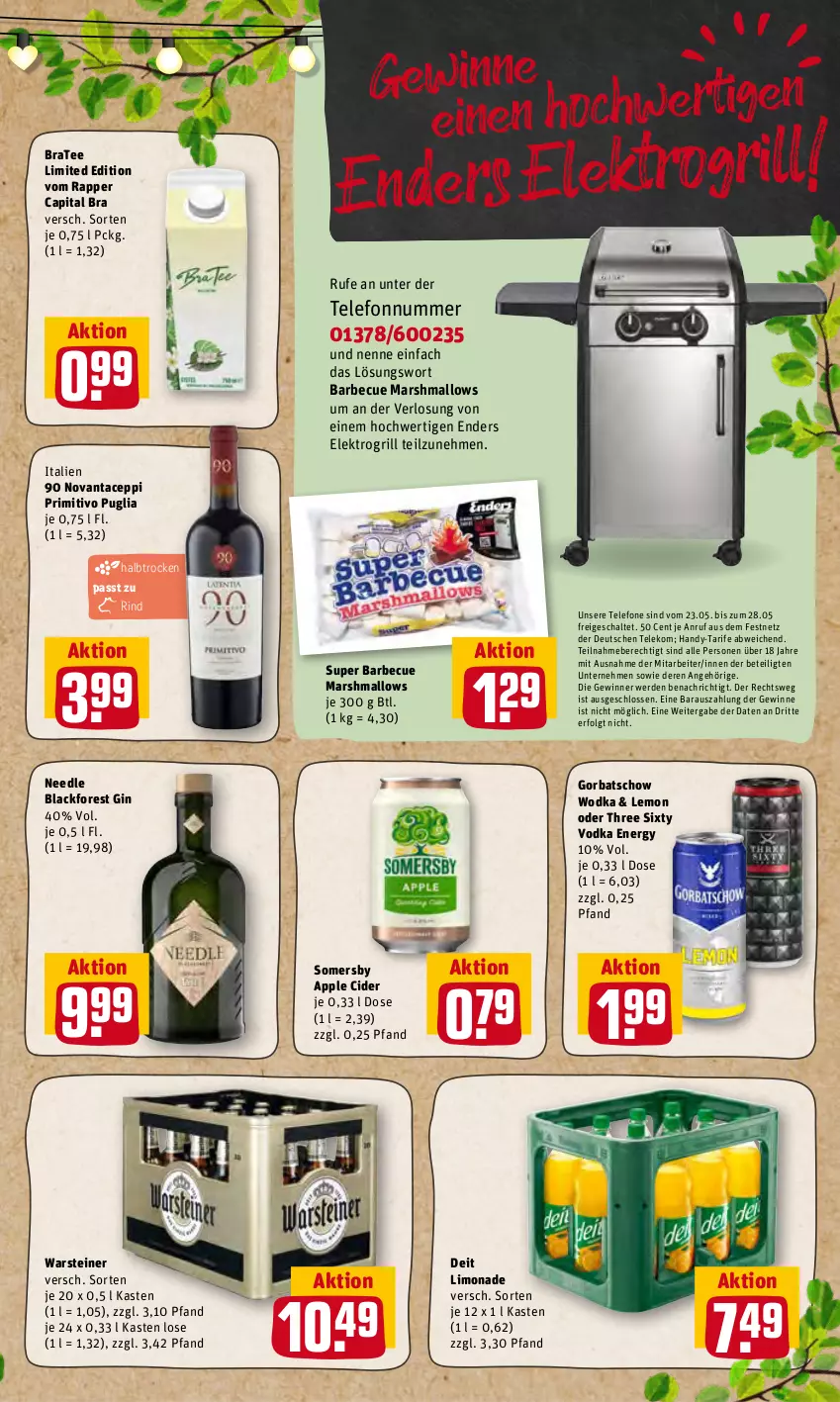 Aktueller Prospekt Rewe - Prospekte - von 23.05 bis 28.05.2022 - strona 17 - produkty: Apple, apple cider, barbecue, BraTee, Cap, cider, deit, Elektro, enders, erde, gin, Gorbatschow, gorbatschow wodka, grill, gsw, Handy, lack, LG, limo, limonade, mars, primitivo, rind, Schal, somersby, steiner, tee, telefon, Three Sixty, Ti, vodka, warsteiner, wodka