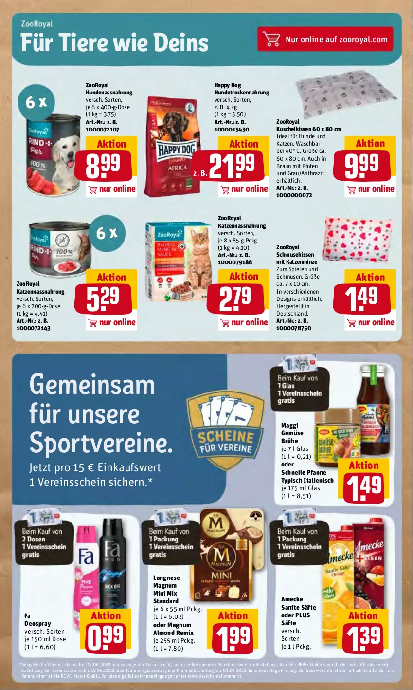 Aktueller Prospekt Rewe - Prospekte - von 23.05 bis 28.05.2022 - strona 18 - produkty: amecke, braun, Brühe, deo, deospray, elle, Hundetrockennahrung, kissen, langnese, maggi, magnum, Magnum Mini, minze, Nassnahrung, pfanne, säfte, Spiele, Sport, Ti, Tiere, Trockennahrung