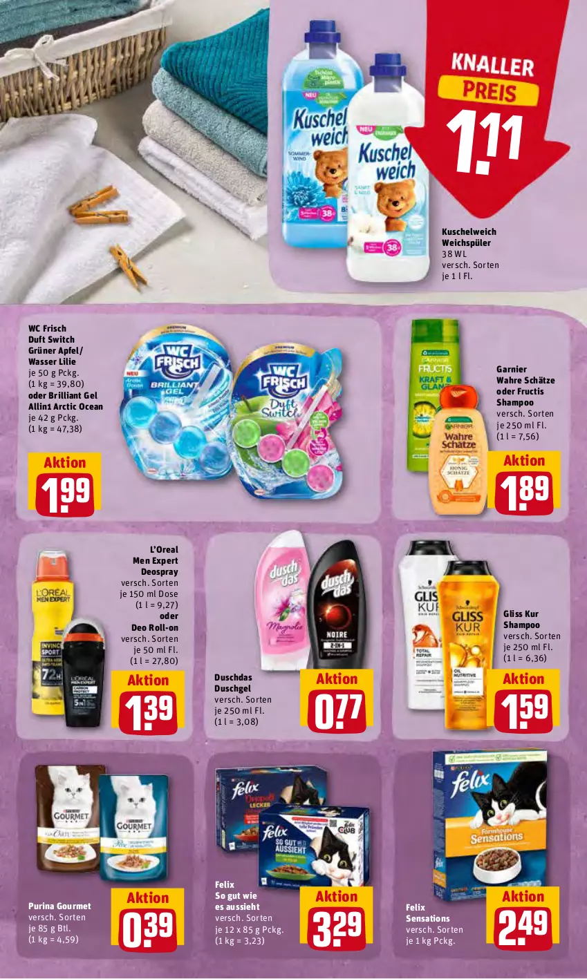 Aktueller Prospekt Rewe - Prospekte - von 23.05 bis 28.05.2022 - strona 19 - produkty: apfel, deo, deo roll-on, deospray, duschdas, duschgel, felix, fructis, garnier, gliss, gliss kur, Kuschelweich, oder deo roll-on, purina, roll-on, sensations, shampoo, Ti, Wahre Schätze, wasser, wc frisch, weichspüler