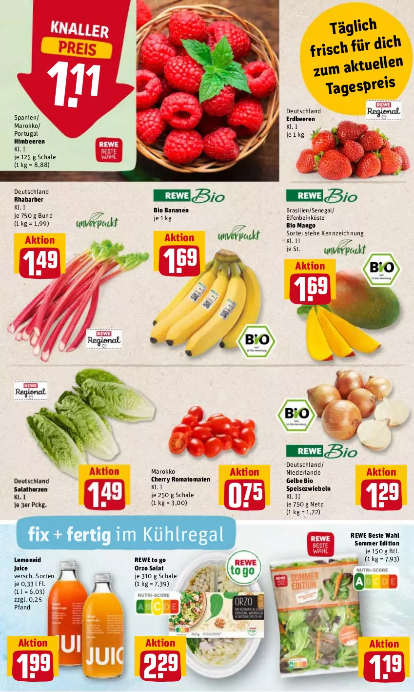 Aktueller Prospekt Rewe - Prospekte - von 23.05 bis 28.05.2022 - strona 2 - produkty: banane, bananen, beere, beeren, bio, eis, erdbeere, erdbeeren, himbeer, himbeere, himbeeren, kühlregal, mango, regal, reis, rewe beste wahl, rhabarber, Romatomaten, salat, Schal, Schale, Speisezwiebeln, Ti, tomate, tomaten, zwiebel, zwiebeln