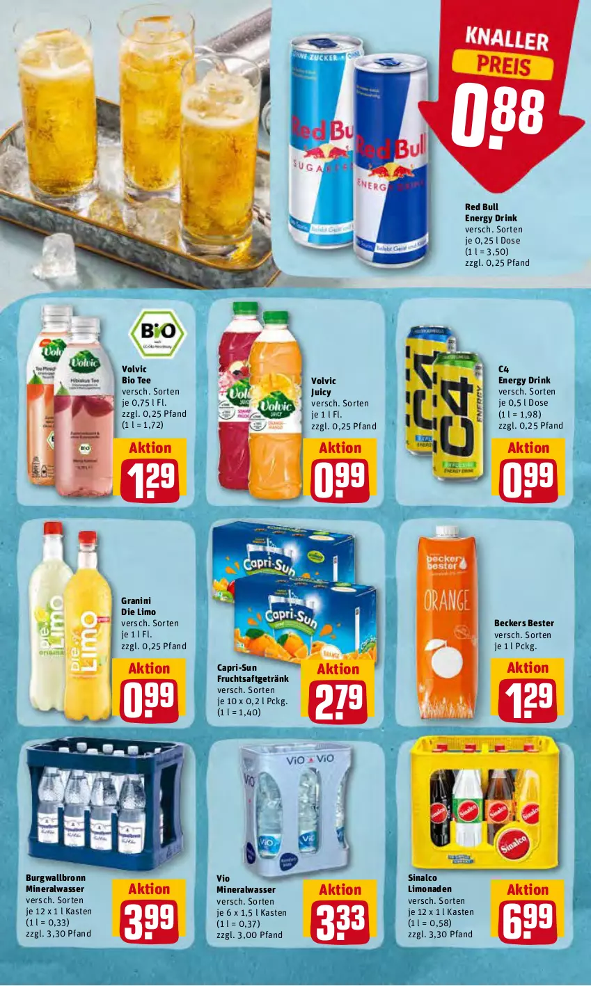 Aktueller Prospekt Rewe - Prospekte - von 23.05 bis 28.05.2022 - strona 20 - produkty: Alwa, Beckers Bester, bio, burgwallbronn, Cap, capri-sun, drink, energy drink, frucht, fruchtsaft, fruchtsaftgetränk, getränk, granini, granini die limo, limo, limonade, limonaden, mineralwasser, red bull, saft, sinalco, tee, Ti, volvic, wasser