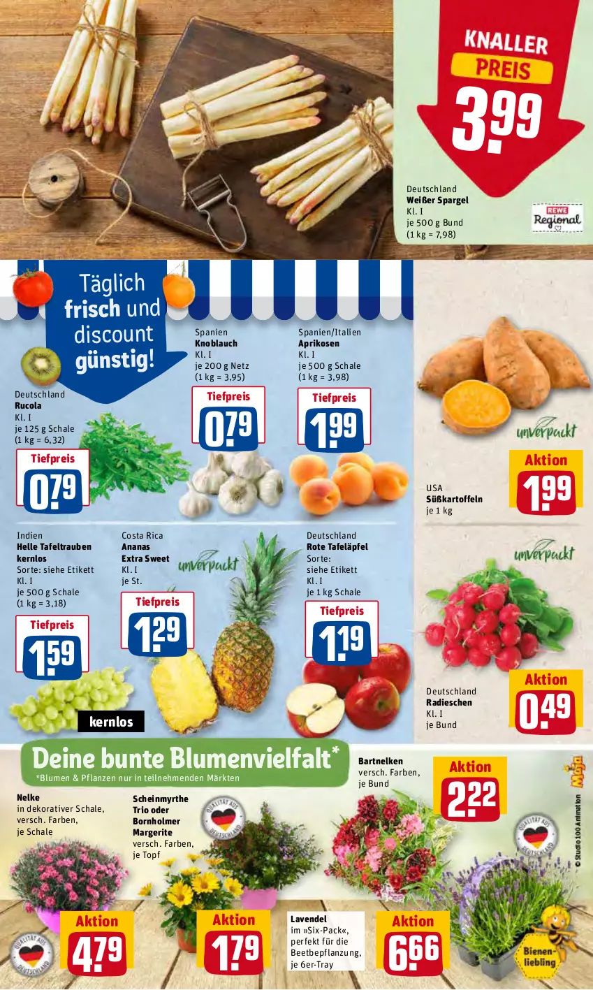 Aktueller Prospekt Rewe - Prospekte - von 23.05 bis 28.05.2022 - strona 3 - produkty: ananas, aprikose, aprikosen, blume, blumen, cola, discount, eis, elle, kartoffel, kartoffeln, knoblauch, lavendel, pflanze, pflanzen, radieschen, reis, rote tafeläpfel, rucola, Schal, Schale, spargel, Süßkartoffeln, tafeläpfel, tafeltrauben, Ti, tiefpreis, topf, trauben