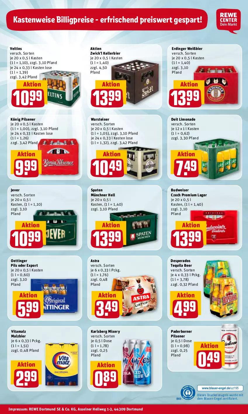 Aktueller Prospekt Rewe - Prospekte - von 23.05 bis 28.05.2022 - strona 32 - produkty: Astra, bier, budweiser, deit, desperados, drucker, eis, elle, Engel, erdinger, jever, karlsberg, karlsberg mixery, kellerbier, kerze, könig pilsener, limo, limonade, malz, Mixer, mixery, oettinger, pils, pilsener, reis, Spaten, steiner, tequila, Ti, veltins, vita, vitamalz, warsteiner, WICK