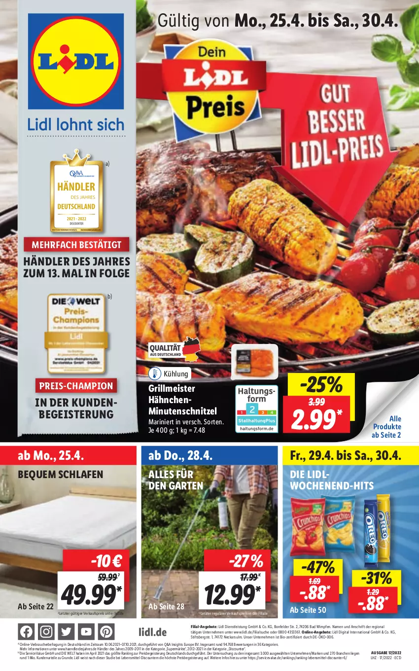 Aktueller Prospekt Lidl - Aktionsprospekt - von 25.04 bis 30.04.2022 - strona 1 - produkty: angebot, angebote, Bad, bio, champion, discount, eis, erde, Garten, grill, lebensmittel, LG, Liege, Meister, minutenschnitzel, pril, Rauch, reis, schnitzel, Ti, ZTE