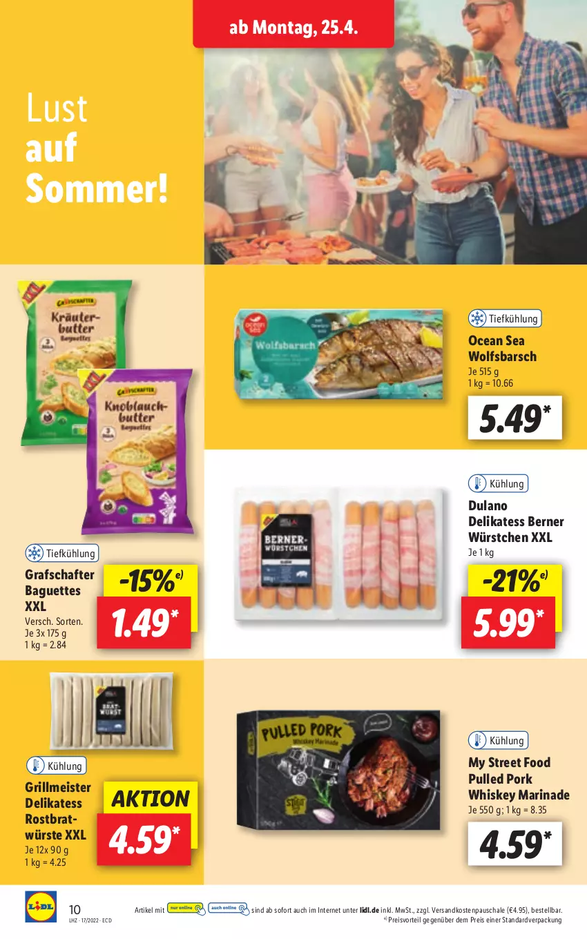 Aktueller Prospekt Lidl - Aktionsprospekt - von 25.04 bis 30.04.2022 - strona 10 - produkty: baguette, baguettes, dulano, eis, grafschafter, grill, marinade, Meister, ndk, preisvorteil, Pulled Pork, reis, Schal, Schale, Ti, whiskey, wolfsbarsch, würstchen