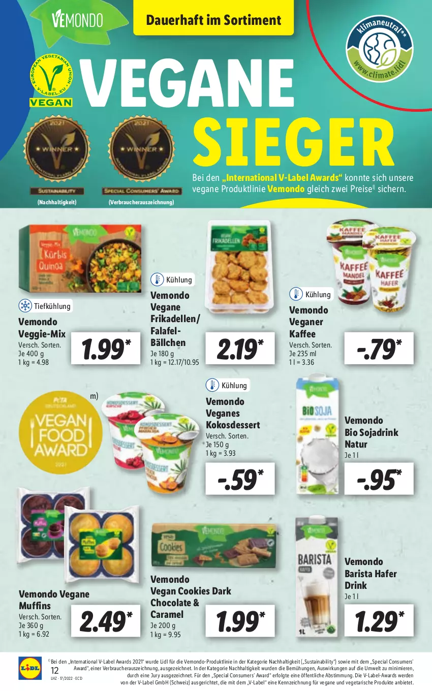 Aktueller Prospekt Lidl - Aktionsprospekt - von 25.04 bis 30.04.2022 - strona 12 - produkty: auer, bio, caramel, cola, cookie, cookies, dell, dessert, drink, eis, elle, erde, Falafel, frikadellen, hafer, kaffee, kokos, LG, Muffin, muffins, natur, Rauch, reis, soja, Sojadrink, Ti, Vegeta, veggie