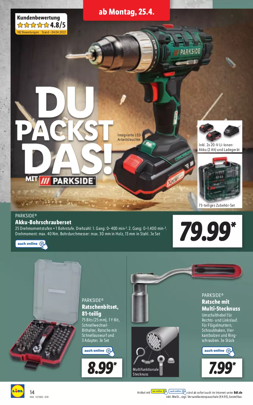 Aktueller Prospekt Lidl - Aktionsprospekt - von 25.04 bis 30.04.2022 - strona 14 - produkty: adapter, akku, akku-bohrschrauber, Arbeitsleuchte, Bitset, Bohrschrauber, Holz, ladegerät, Leuchte, messer, ndk, nuss, Parkside, ring, Schal, Schale, schrauben, Ti