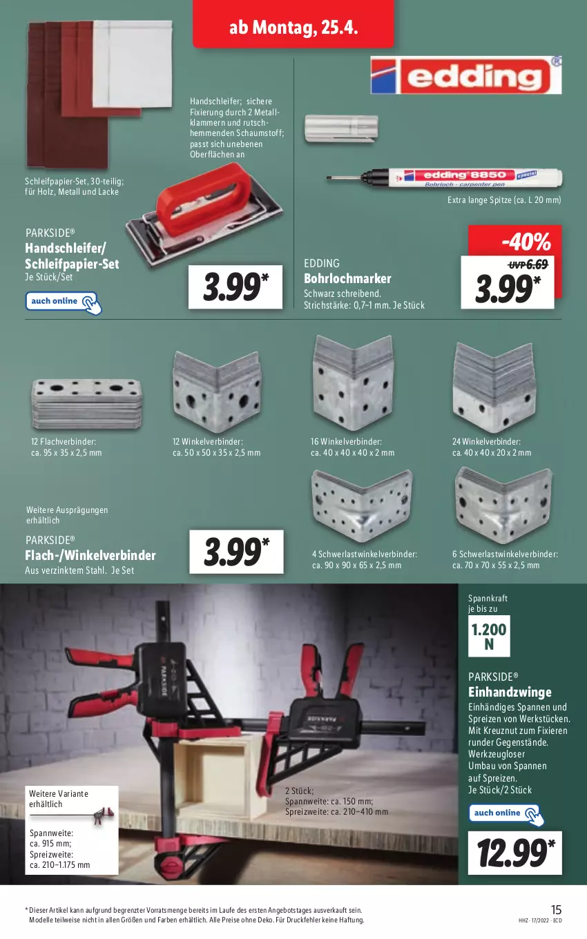 Aktueller Prospekt Lidl - Aktionsprospekt - von 25.04 bis 30.04.2022 - strona 15 - produkty: angebot, Bau, dell, eis, elle, Holz, Klammern, kraft, lack, Lacke, lamm, Mode, papier, Parkside, reis, Ria, Schleifpapier, Ti, werkzeug, ZTE