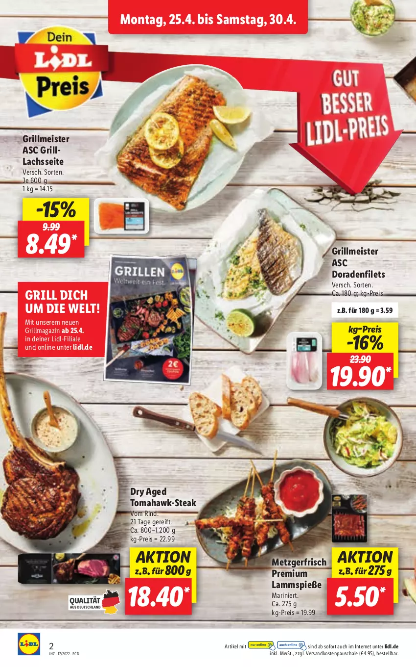 Aktueller Prospekt Lidl - Aktionsprospekt - von 25.04 bis 30.04.2022 - strona 2 - produkty: Dorade, eis, filet, filets, grill, lachs, lamm, Lammspieße, magazin, Meister, ndk, reis, rind, Schal, Schale, steak, Ti