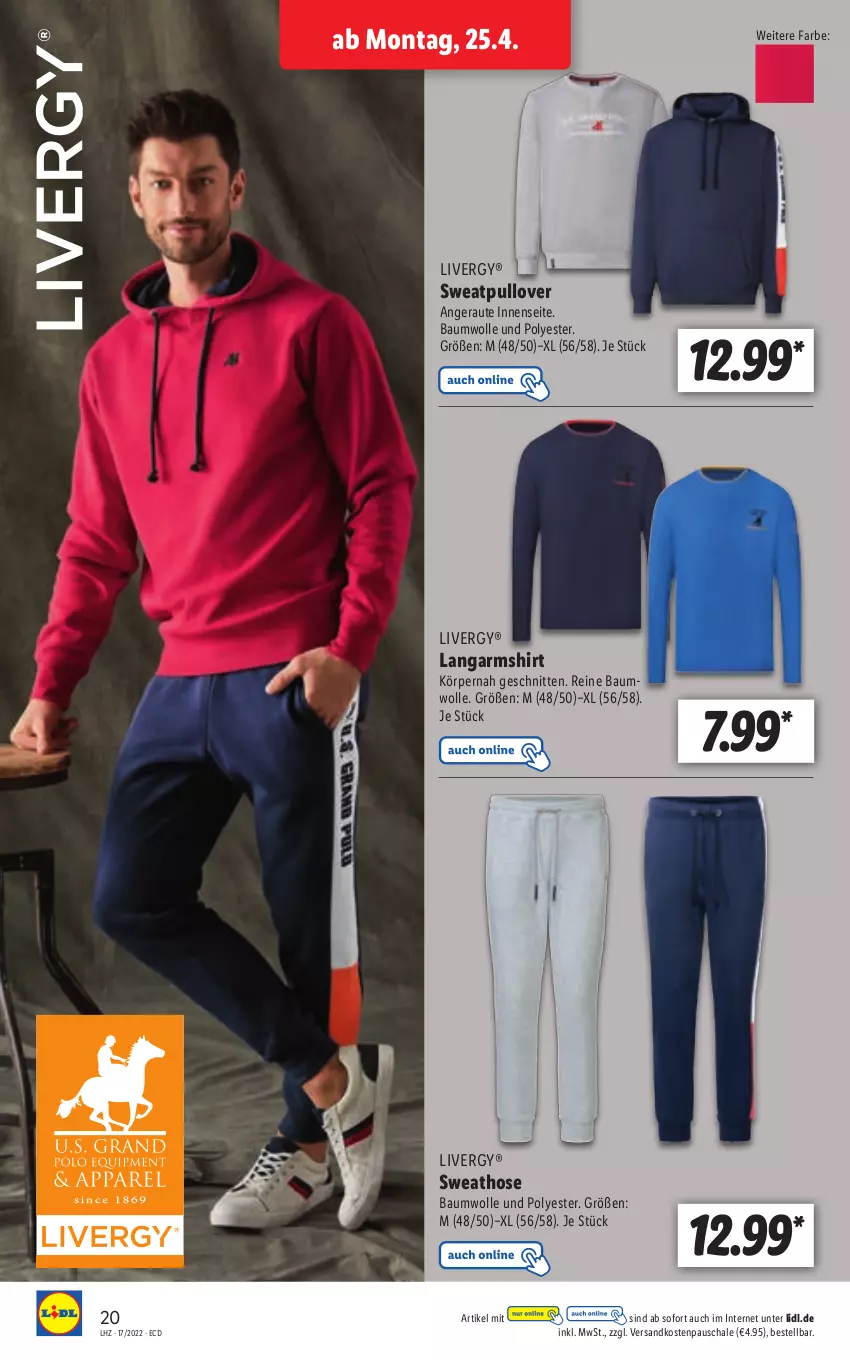 Aktueller Prospekt Lidl - Aktionsprospekt - von 25.04 bis 30.04.2022 - strona 20 - produkty: Bau, baumwolle, hose, Langarmshirt, livergy, ndk, Pullover, Schal, Schale, schnitten, shirt, Sweathose, Ti, wolle