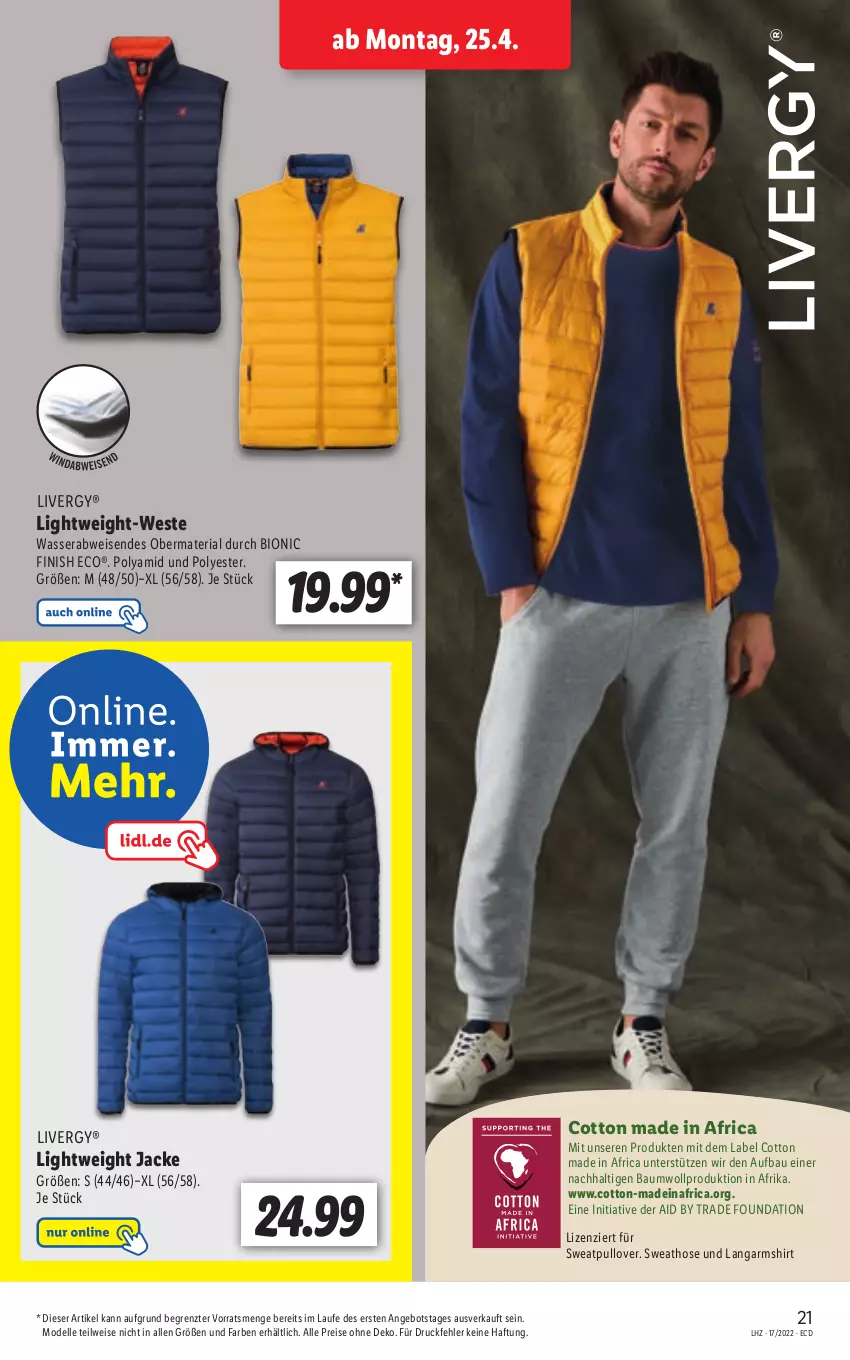 Aktueller Prospekt Lidl - Aktionsprospekt - von 25.04 bis 30.04.2022 - strona 21 - produkty: angebot, Bau, bio, dell, eis, elle, Finish, hose, Jacke, Langarmshirt, livergy, Mode, Pullover, reis, Ria, shirt, Sweathose, Ti, wasser, Weste, ZTE