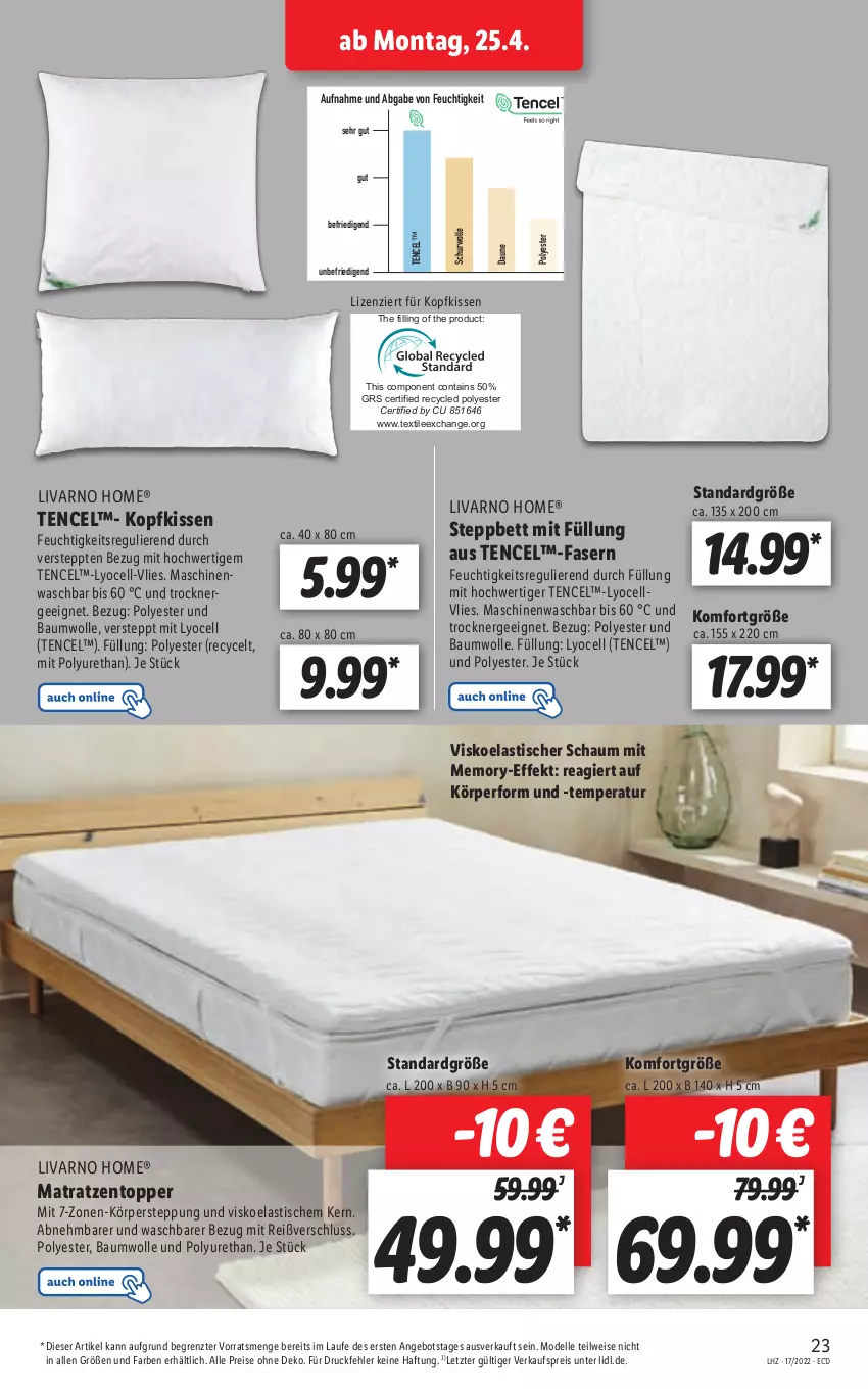 Aktueller Prospekt Lidl - Aktionsprospekt - von 25.04 bis 30.04.2022 - strona 23 - produkty: angebot, asti, Bau, baumwolle, bett, dell, eis, elle, Ergee, kissen, kopfkissen, matratze, matratzen, Matratzentopper, Mode, reis, steppbett, Ti, tisch, topper, Trockner, wolle, Yo, ZTE