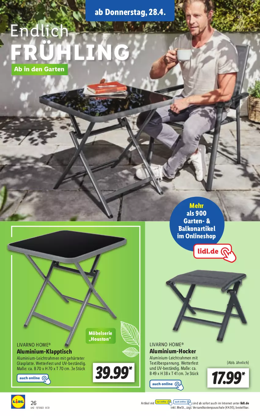 Aktueller Prospekt Lidl - Aktionsprospekt - von 25.04 bis 30.04.2022 - strona 26 - produkty: Garten, glasplatte, hocker, klapptisch, latte, möbel, ndk, Schal, Schale, Ti, tisch