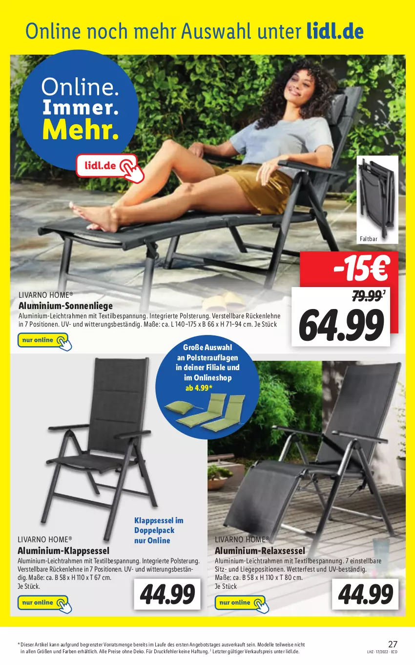 Aktueller Prospekt Lidl - Aktionsprospekt - von 25.04 bis 30.04.2022 - strona 27 - produkty: angebot, dell, eis, elle, klappsessel, Liege, Mode, reis, rel, relaxsessel, sessel, sonnenliege, Ti, ZTE