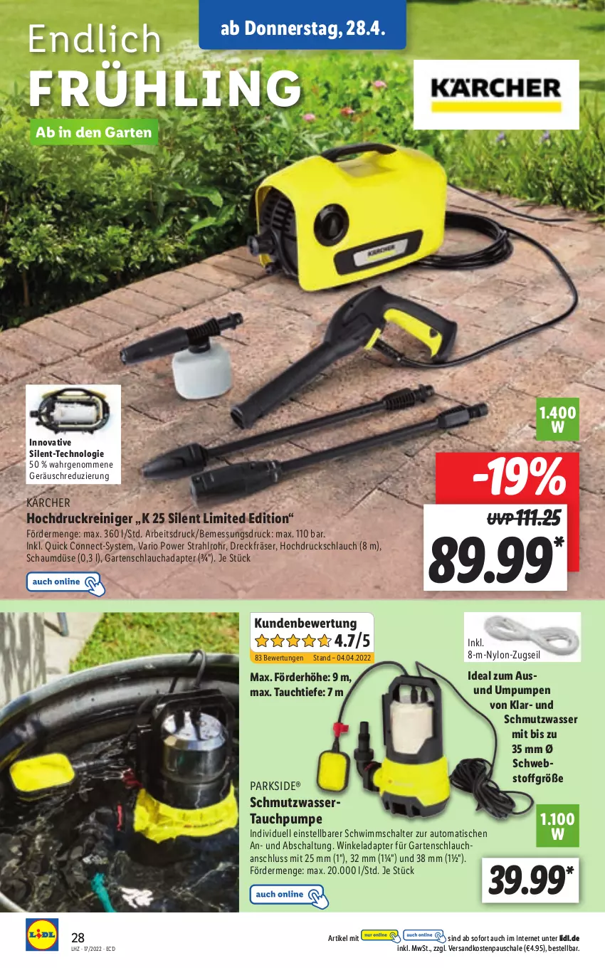 Aktueller Prospekt Lidl - Aktionsprospekt - von 25.04 bis 30.04.2022 - strona 28 - produkty: adapter, auto, Garten, gartenschlauch, hochdruckreiniger, HP, Kärcher, ndk, Parkside, reiniger, Schal, Schale, schlauch, Ti, tisch, wasser