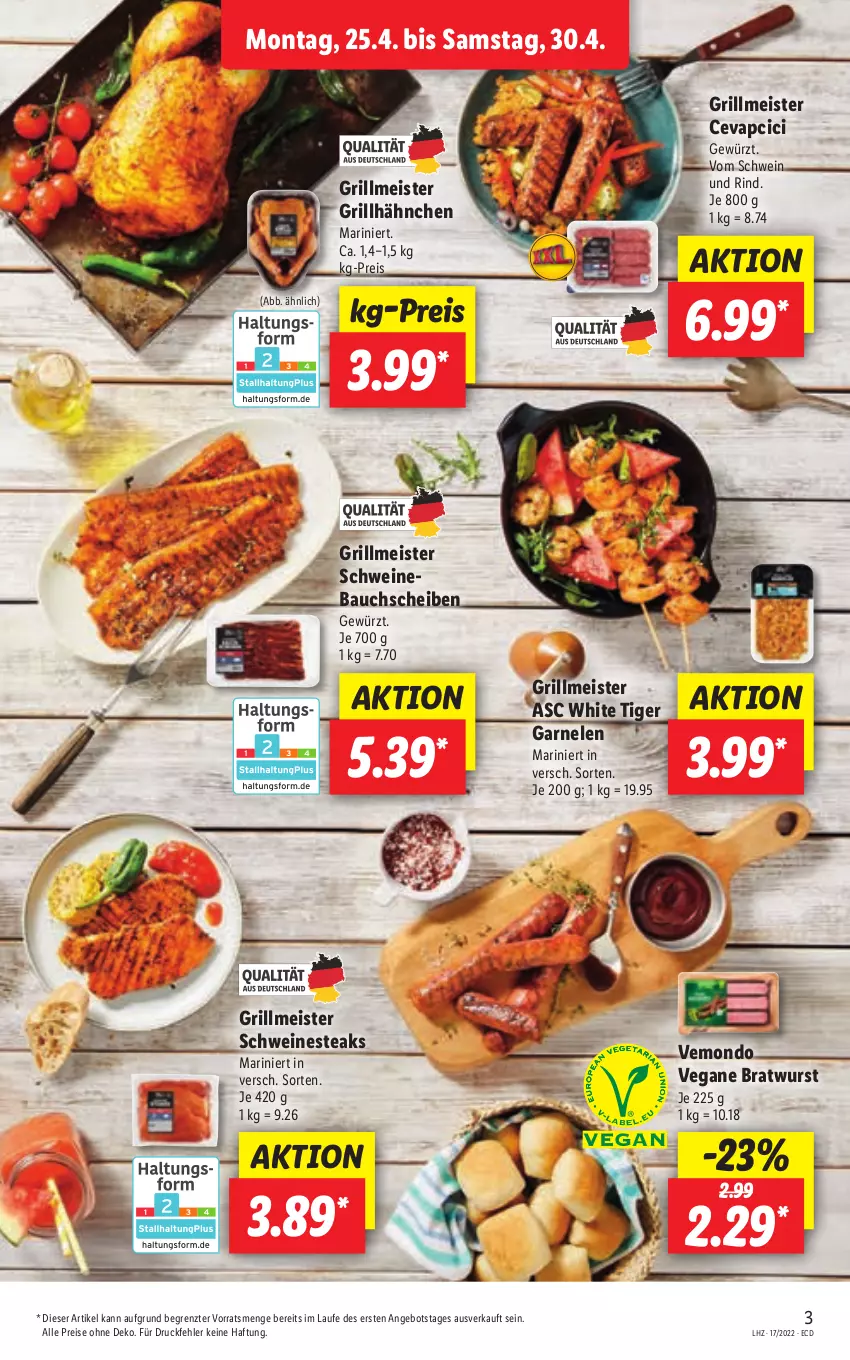 Aktueller Prospekt Lidl - Aktionsprospekt - von 25.04 bis 30.04.2022 - strona 3 - produkty: angebot, Bau, bauchscheiben, bratwurst, cevapcici, eis, garnelen, gewürz, grill, grillhähnchen, Meister, Nestea, reis, rind, schwein, schwein und rind, schweine, Schweinebauch, schweinebauchscheiben, steak, steaks, Ti, vom schwein und rind, wein, weine, wurst, ZTE