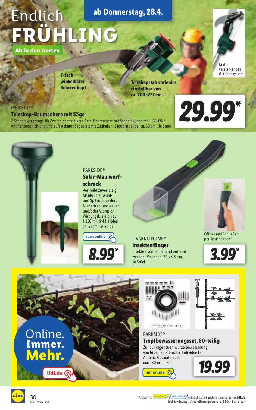 Aktueller Prospekt Lidl - Aktionsprospekt - von 25.04 bis 30.04.2022 - strona 30 - produkty: Bau, eis, elle, erde, Garten, kraft, ndk, Parkside, pflanze, pflanzen, reis, säge, Schal, Schale, Schere, sekt, Teleskop, Ti, werkzeug, werkzeuge