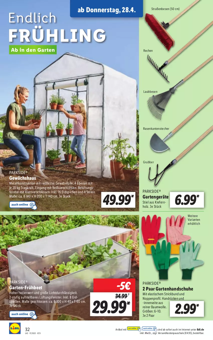 Aktueller Prospekt Lidl - Aktionsprospekt - von 25.04 bis 30.04.2022 - strona 32 - produkty: asti, Bau, baumwolle, fenster, Garten, Gewächshaus, handschuhe, Holz, kraft, ndk, Parkside, rasen, Ria, rwe, Schal, Schale, schuhe, Ti, tisch, wolle