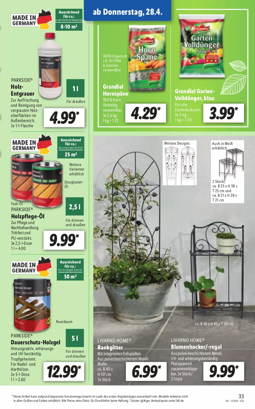 Aktueller Prospekt Lidl - Aktionsprospekt - von 25.04 bis 30.04.2022 - strona 33 - produkty: angebot, auer, Bau, blume, blumen, dell, dünger, eis, elle, flasche, Garten, hocker, Holz, Mode, nuss, obst, Parkside, regal, Reinigung, reis, Ria, rwe, Ti, ZTE