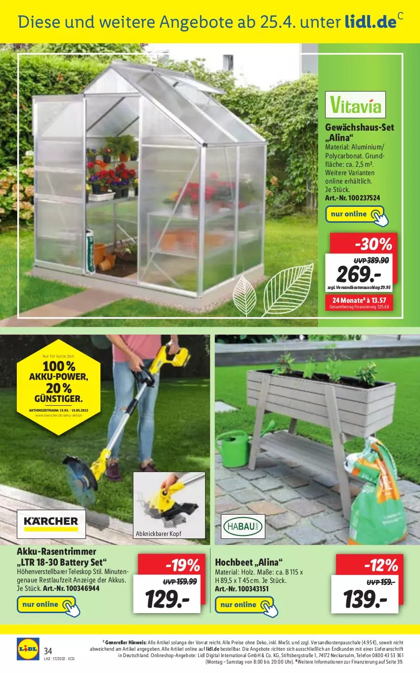 Aktueller Prospekt Lidl - Aktionsprospekt - von 25.04 bis 30.04.2022 - strona 34 - produkty: akku, angebot, angebote, Bona, eis, elle, Gewächshaus, Holz, ndk, rasen, rasentrimmer, reis, rel, Ria, Schal, Schale, telefon, Teleskop, Ti, uhr