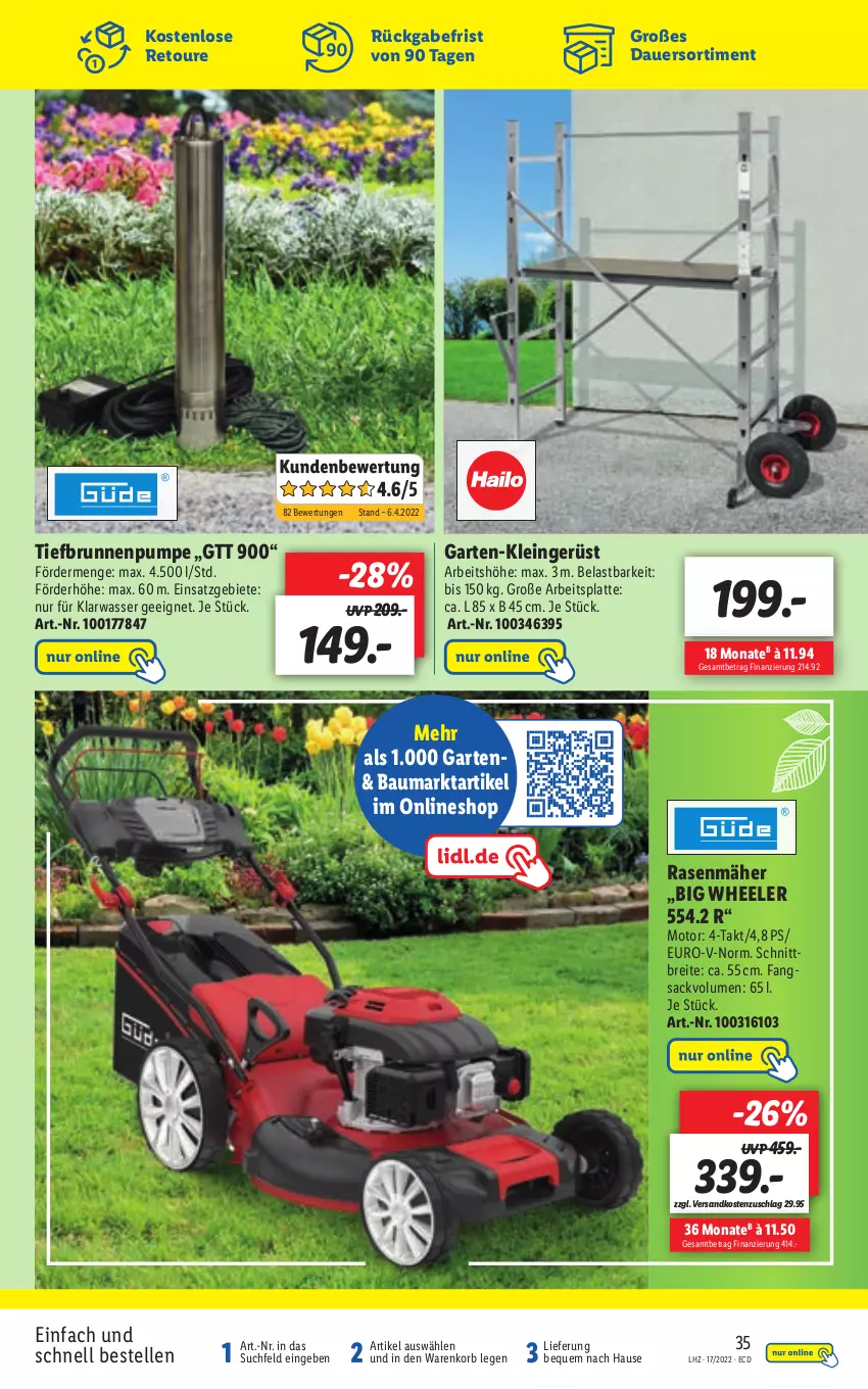 Aktueller Prospekt Lidl - Aktionsprospekt - von 25.04 bis 30.04.2022 - strona 35 - produkty: arbeitsplatte, auer, Bau, Brei, brunnen, elle, Garten, korb, latte, ndk, rasen, rasenmäher, sac, Ti, Tiefbrunnenpumpe, wasser