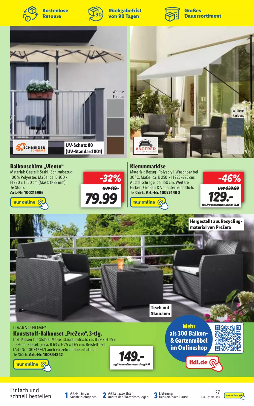 Aktueller Prospekt Lidl - Aktionsprospekt - von 25.04 bis 30.04.2022 - strona 37 - produkty: auer, Balkonset, beistelltisch, Clin, eis, elle, Garten, gartenmöbel, kissen, Klemmmarkise, korb, LG, möbel, ndk, recyclingmaterial, Ria, sessel, Stühl, Ti, tisch, uv-schutz