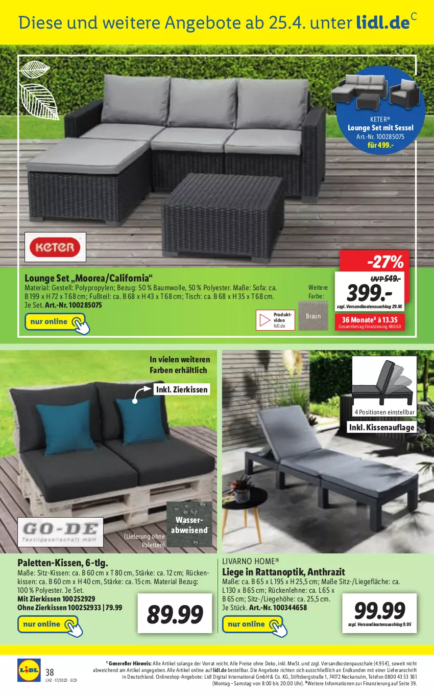 Aktueller Prospekt Lidl - Aktionsprospekt - von 25.04 bis 30.04.2022 - strona 38 - produkty: angebot, angebote, Bau, baumwolle, braun, deo, eis, elle, kissen, LG, Liege, ndk, Palette, reis, rel, Ria, Rückenkissen, rückenlehne, Schal, Schale, sessel, Sofa, telefon, Ti, tisch, uhr, wasser, wolle, zierkissen