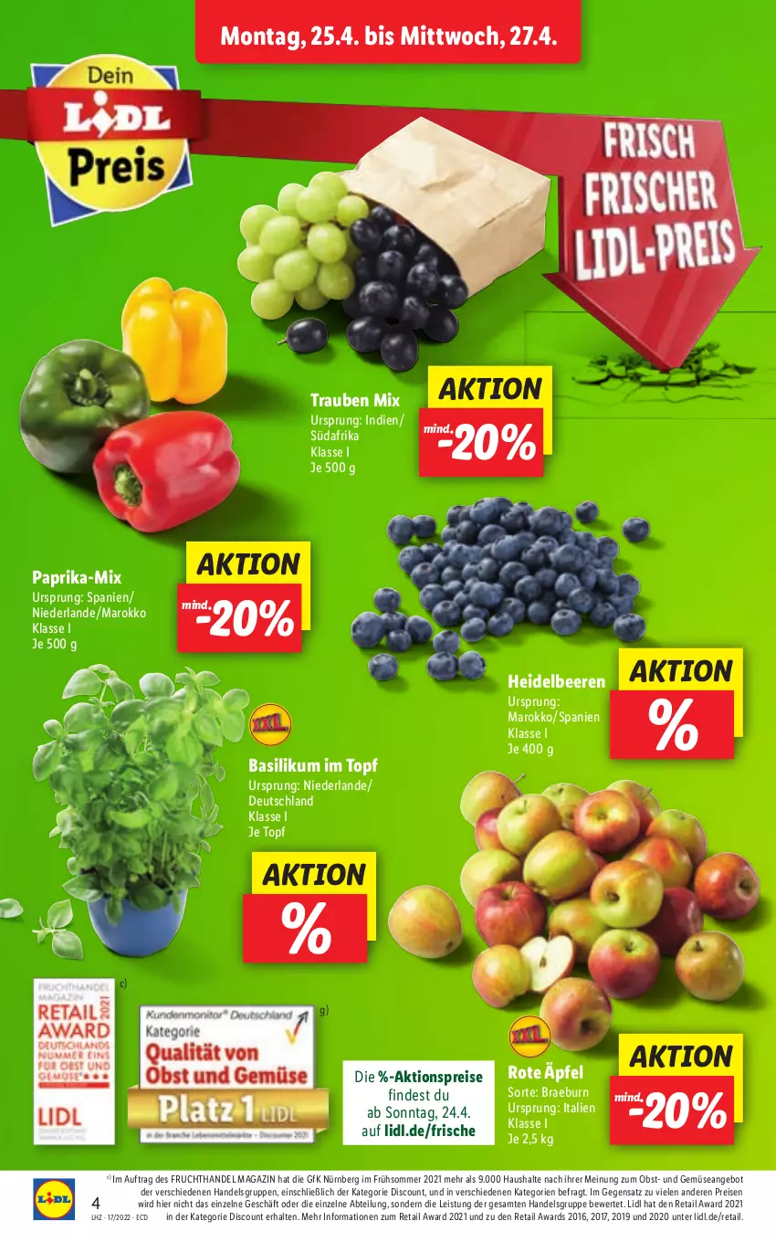 Aktueller Prospekt Lidl - Aktionsprospekt - von 25.04 bis 30.04.2022 - strona 4 - produkty: Abtei, aktionspreis, angebot, basilikum, beere, beeren, discount, eis, frucht, heidelbeere, heidelbeeren, magazin, obst, paprika, reis, Ti, topf, trauben, und gemüse