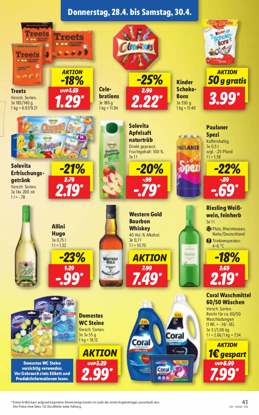 Aktueller Prospekt Lidl - Aktionsprospekt - von 25.04 bis 30.04.2022 - strona 43 - produkty: alkohol, angebot, apfel, apfelsaft, bourbon, bourbon whiskey, Coral, domestos, eis, frucht, getränk, hugo, Kinder, natur, Paula, paulaner, Rauch, reis, riesling, rwe, saft, schoko, Spezi, Ti, vita, waschmittel, wein, Weißwein, Weste, whiskey, ZTE