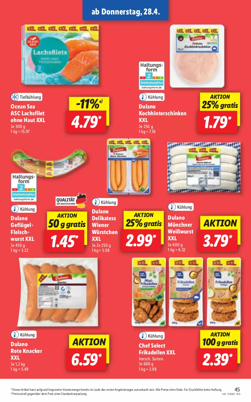 Aktueller Prospekt Lidl - Aktionsprospekt - von 25.04 bis 30.04.2022 - strona 45 - produkty: angebot, dell, dulano, eis, elle, filet, fleisch, fleischwurst, frikadellen, Geflügel, hinterschinken, knacker, lachs, lachsfilet, preisvorteil, reis, schinken, Ti, Weißwurst, wiener, wiener würstchen, wurst, würstchen, ZTE