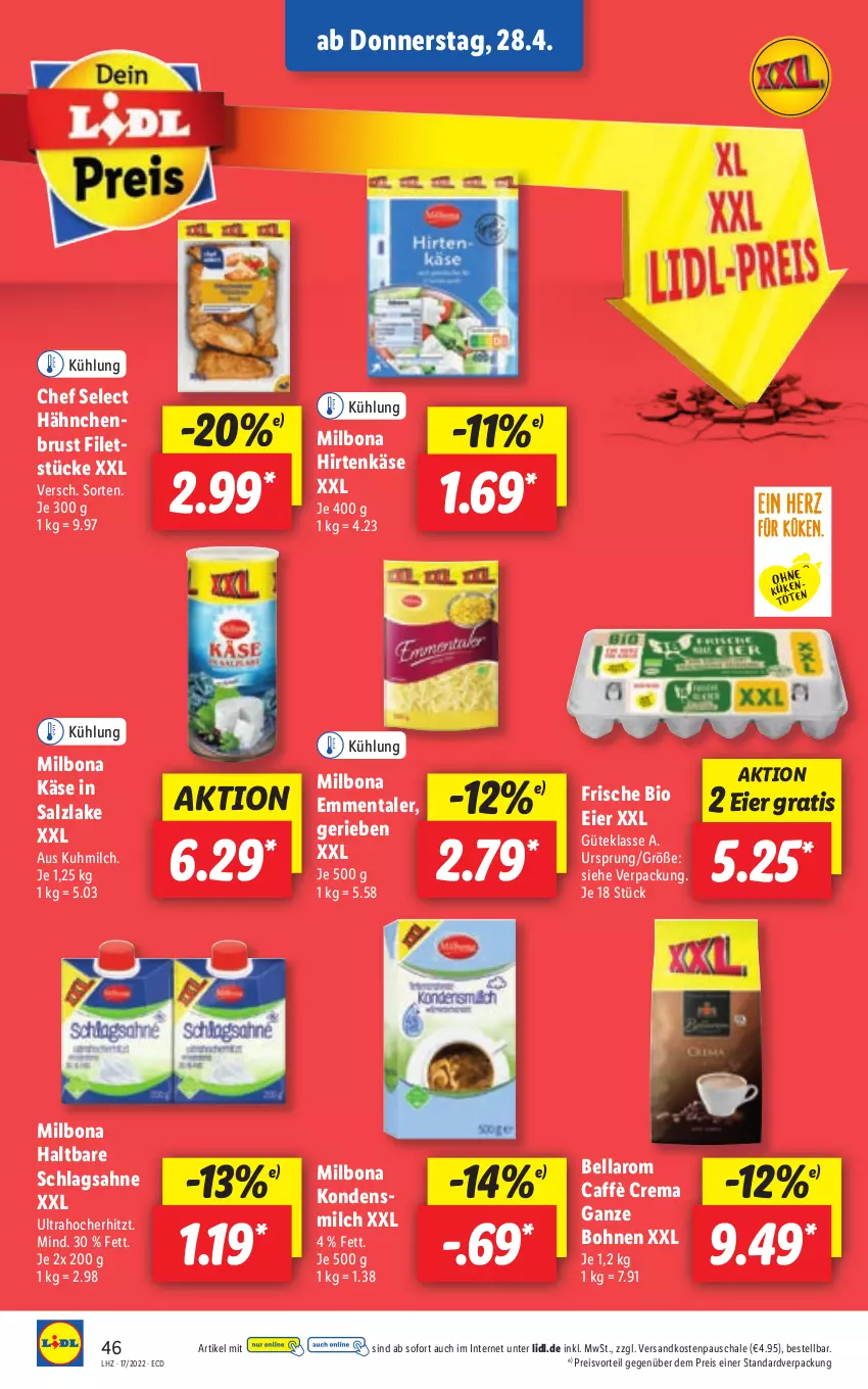 Aktueller Prospekt Lidl - Aktionsprospekt - von 25.04 bis 30.04.2022 - strona 46 - produkty: bio, bohne, bohnen, Bona, caffè crema, eier, eis, emmentaler, filet, filets, hähnchenbrust, hirtenkäse, Käse, kondensmilch, Milbona, milch, ndk, preisvorteil, reis, sahne, salz, Schal, Schale, schlagsahne, Ti