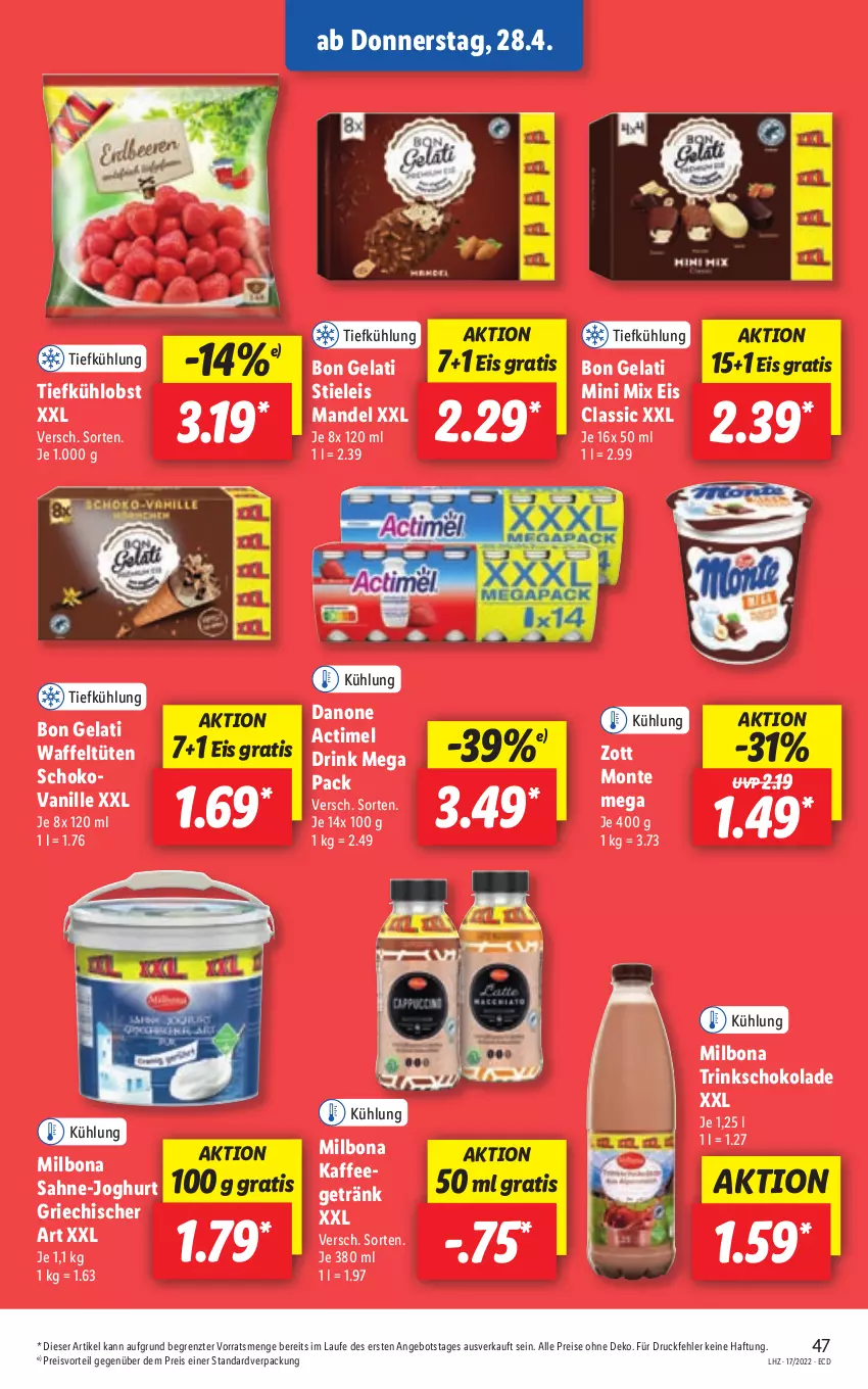 Aktueller Prospekt Lidl - Aktionsprospekt - von 25.04 bis 30.04.2022 - strona 47 - produkty: actimel, angebot, Bon Gelati, Bona, danone, drink, eis, getränk, joghur, joghurt, kaffee, mandel, Milbona, monte, obst, preisvorteil, reis, sahne, schoko, schokolade, stieleis, Ti, Tüte, vanille, zott, Zott Monte, ZTE