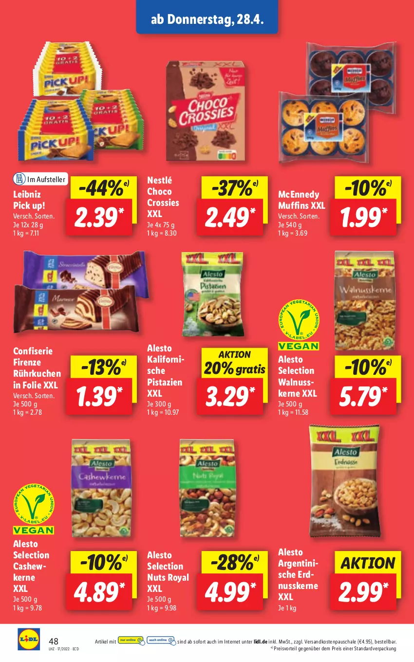 Aktueller Prospekt Lidl - Aktionsprospekt - von 25.04 bis 30.04.2022 - strona 48 - produkty: alesto, Cashew, choco crossies, crossies, eis, elle, erdnuss, kuchen, leibniz, mcennedy, Muffin, muffins, ndk, nestlé, nuss, Pick Up!, pistazien, preisvorteil, reis, Schal, Schale, teller, Ti, walnuss, walnusskerne