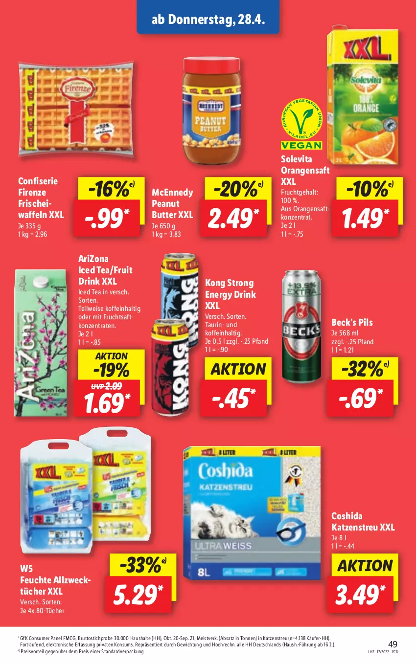 Aktueller Prospekt Lidl - Aktionsprospekt - von 25.04 bis 30.04.2022 - strona 49 - produkty: brut, butter, Coshida, drink, eis, Elektro, energy drink, frucht, fruchtsaft, HP, Katzenstreu, Laufen, mcennedy, mit frucht, orange, orangen, orangensaft, peanut butter, pils, preisvorteil, reis, saft, Ti, tücher, vita, waffeln, weck