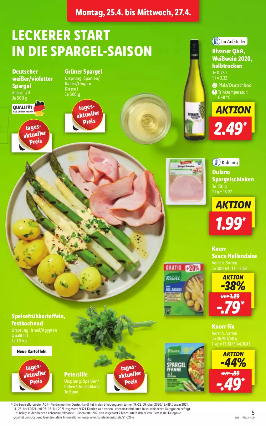 Aktueller Prospekt Lidl - Aktionsprospekt - von 25.04 bis 30.04.2022 - strona 5 - produkty: discount, dulano, eis, elle, Frühkartoffeln, grüner spargel, hollandaise, kartoffel, kartoffeln, knorr, knorr fix, lebensmittel, monitor, obst, Obst und Gemüse, petersilie, pril, reis, Rivaner, sauce, sauce hollandaise, schinken, spargel, spargelschinken, speisefrühkartoffeln, teller, Ti, und gemüse, wein, Weißwein