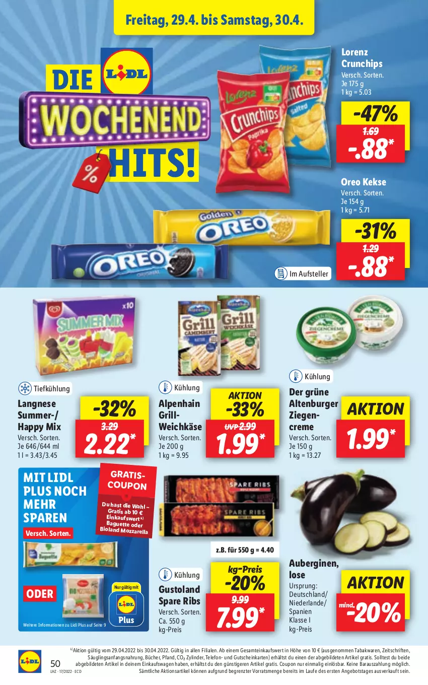 Aktueller Prospekt Lidl - Aktionsprospekt - von 25.04 bis 30.04.2022 - strona 50 - produkty: Alpenhain, altenburger, angebot, aubergine, auberginen, baguette, bio, bioland, burger, chips, coupon, creme, crunchips, eis, elle, gin, grill, gutschein, Käse, keks, kekse, langnese, lorenz, lorenz crunchips, oreo, reis, rel, spare ribs, telefon, teller, Ti, weichkäse, ZTE