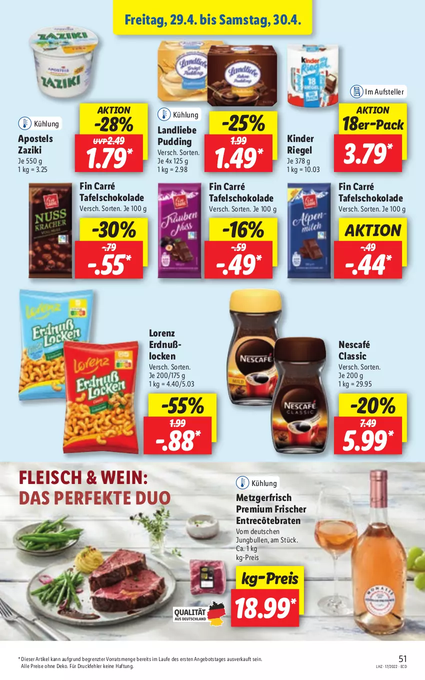 Aktueller Prospekt Lidl - Aktionsprospekt - von 25.04 bis 30.04.2022 - strona 51 - produkty: angebot, apostels, braten, eis, elle, entrecôte, fleisch, jungbullen, Kinder, kinder riegel, landliebe, lorenz, Nescafé, pudding, reis, riegel, schoko, schokolade, tafelschokolade, teller, Ti, wein, zaziki, ZTE