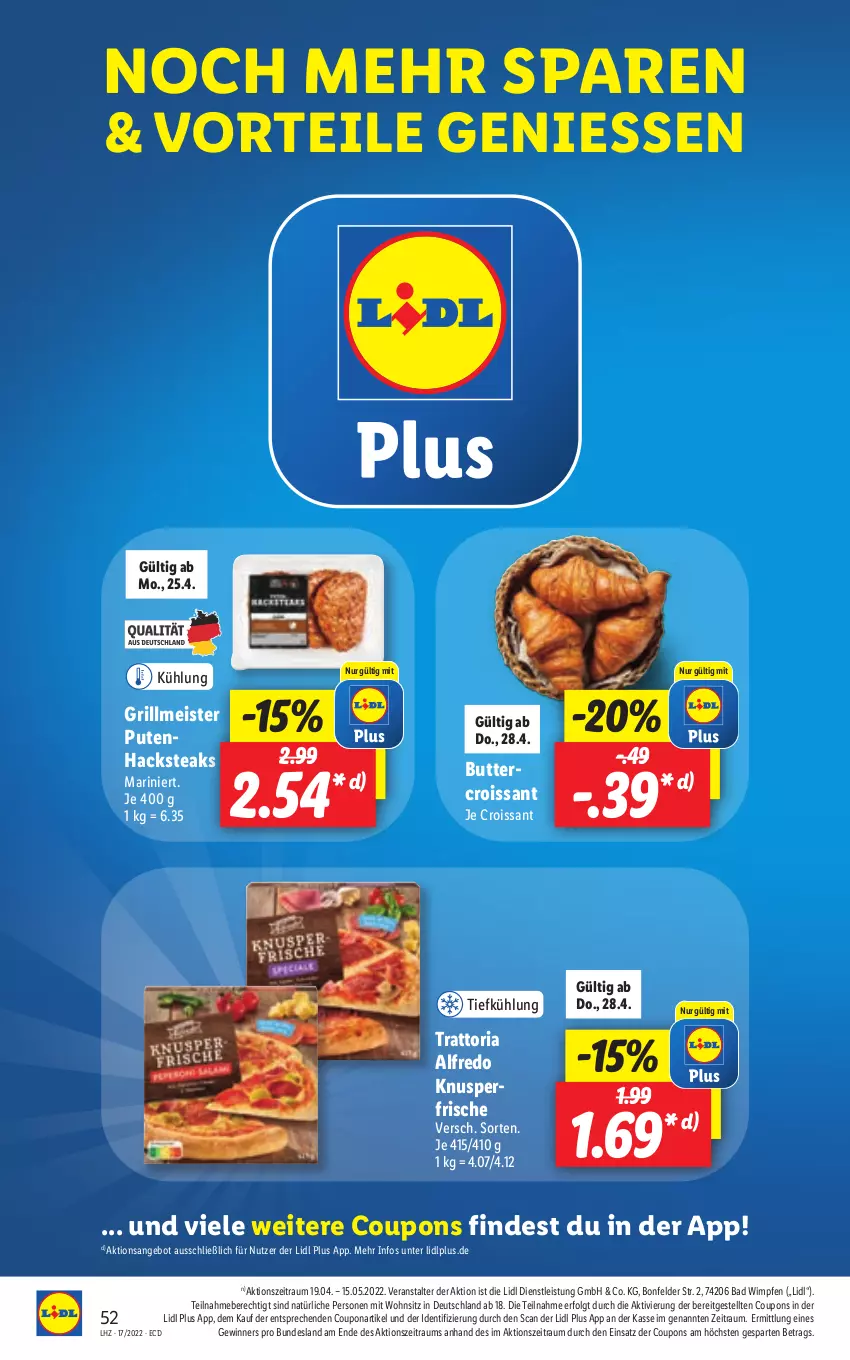 Aktueller Prospekt Lidl - Aktionsprospekt - von 25.04 bis 30.04.2022 - strona 52 - produkty: angebot, Bad, butter, coupon, coupons, Croissant, eis, grill, LG, Meister, pute, Putenhacksteak, Ria, steak, steaks, Ti