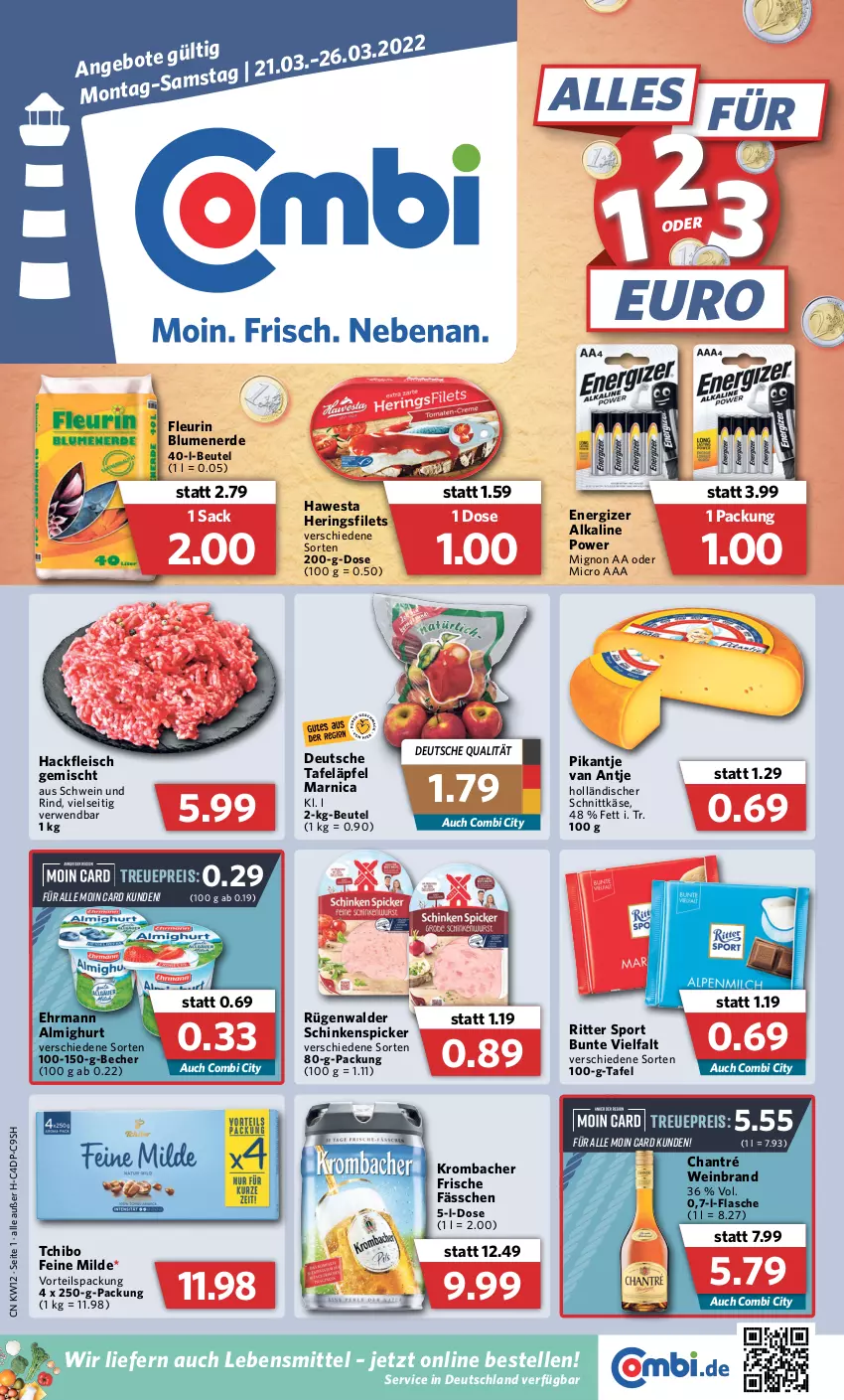 Aktueller Prospekt Combi - Prospekte - von 21.03 bis 26.03.2022 - strona 1 - produkty: almighur, almighurt, Arnica, Becher, beutel, blume, blumen, blumenerde, chantré, ehrmann, ehrmann almighurt, eis, elle, energizer, erde, filet, filets, flasche, fleisch, hackfleisch, hackfleisch gemischt, hawesta, hering, Herings, heringsfilets, holländischer schnittkäse, Käse, krombache, krombacher, lebensmittel, reis, rind, ring, ritter, ritter sport, rügenwalder, rwe, sac, schinken, Schinkenspicker, schnittkäse, schwein, schwein und rind, Sport, tafeläpfel, Tchibo, Ti, wein, weinbrand