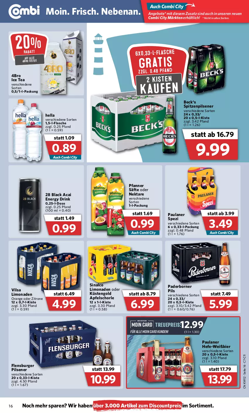 Aktueller Prospekt Combi - Prospekte - von 21.03 bis 26.03.2022 - strona 16 - produkty: angebot, angebote, apfel, Apfelschorle, bier, burger, discount, drink, eis, eistee, energy drink, flasche, flensburger, Hefe, hella, ice tea, küstengold, lack, limo, limonade, limonaden, Nektar, orange, Paula, paulaner, pfanne, Pfanner, pils, pilsener, reis, säfte, schorle, sinalco, Spezi, tee, Ti, vilsa, zitrone