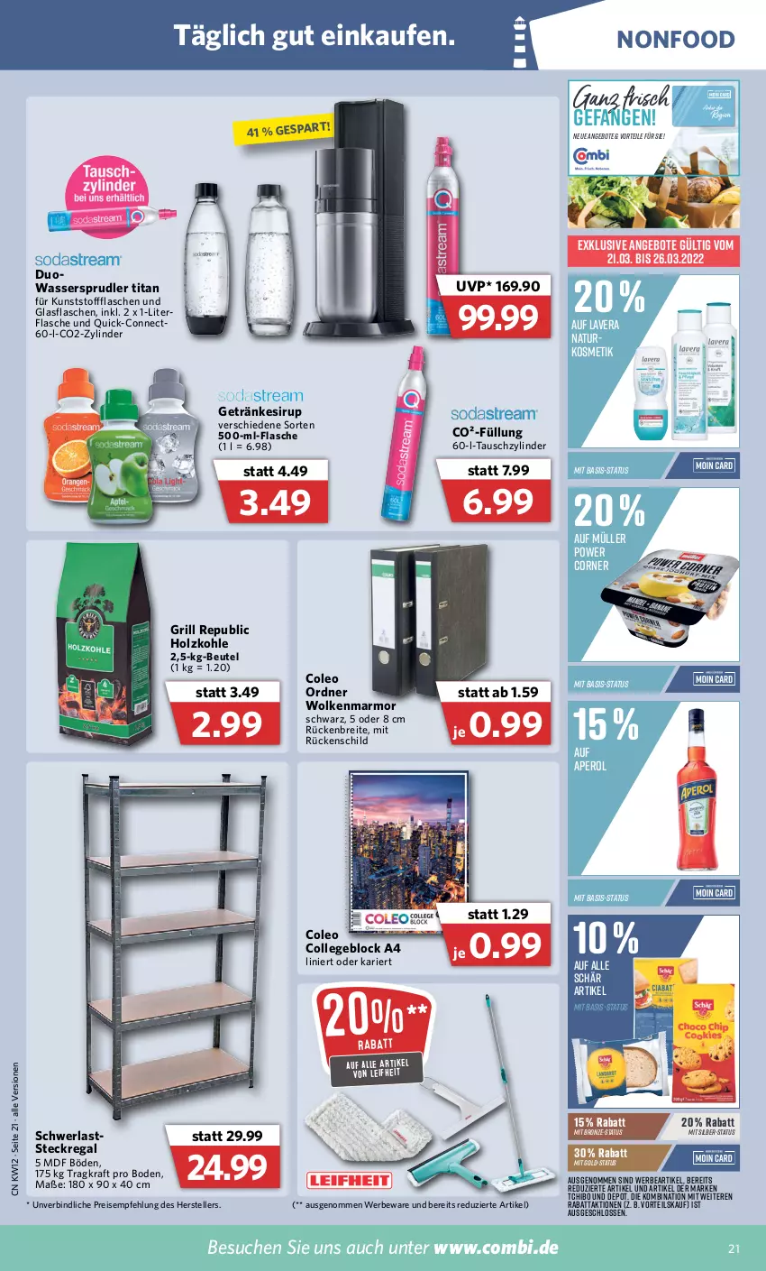 Aktueller Prospekt Combi - Prospekte - von 21.03 bis 26.03.2022 - strona 21 - produkty: angebot, angebote, aperol, beutel, Brei, collegeblock, Eckregal, eis, elle, flasche, getränk, getränke, getränkesirup, glasflasche, grill, Holz, holzkohle, kosmetik, kraft, lavera, leifheit, Müller, natur, naturkosmetik, ordner, regal, reis, sirup, steckregal, Tchibo, teller, Ti, wasser, wassersprudler