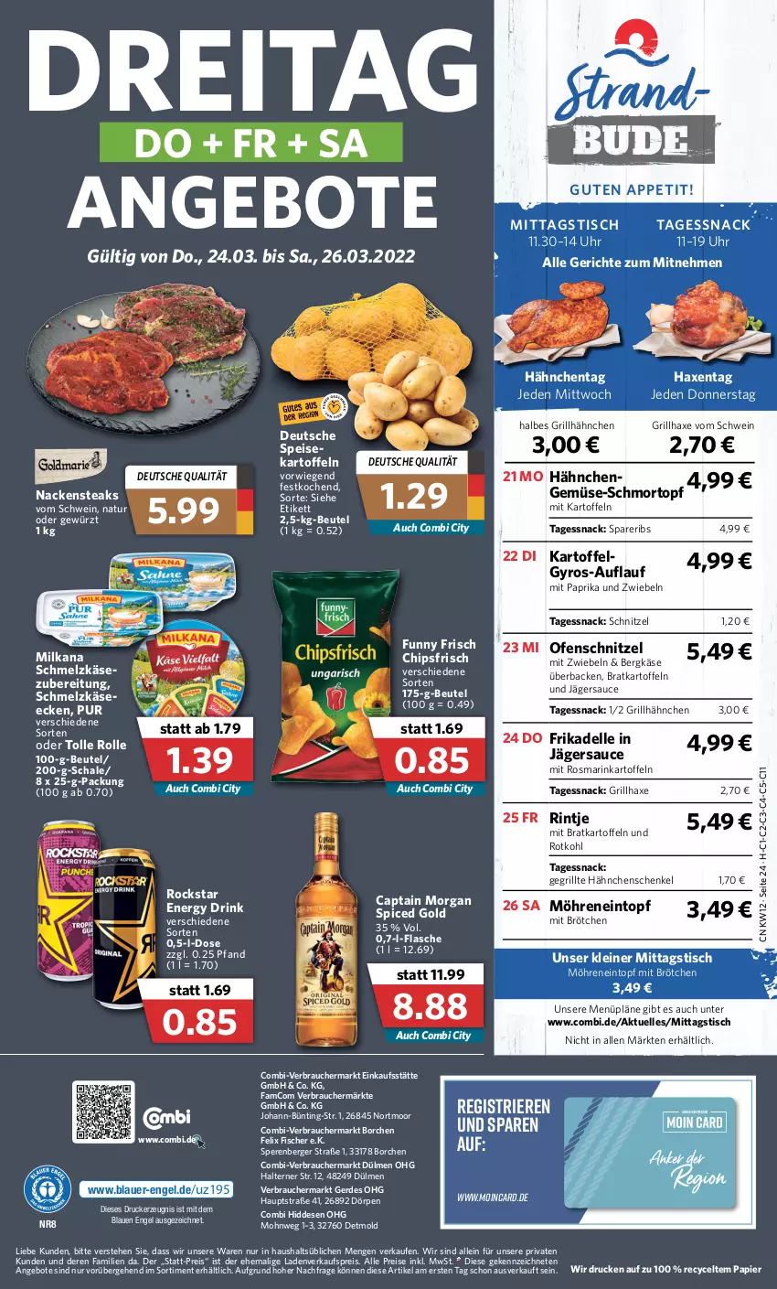 Aktueller Prospekt Combi - Prospekte - von 21.03 bis 26.03.2022 - strona 24 - produkty: angebot, angebote, auer, axe, Berger, Bergkäse, beutel, brötchen, Cap, captain morgan, chips, chipsfrisch, dell, drink, drucker, eintopf, eis, elle, energy drink, Engel, erde, felix, fisch, fische, Fischer, flasche, Funny Frisch, Gegrillte Hähnchenschenkel, gewürz, grill, grillhähnchen, grillhaxe, gyros, hähnchenschenkel, Haxe, henkel, kartoffel, kartoffeln, Käse, kerze, leine, milka, milkana, mit paprika, mit zwiebeln, möhren, Nackensteak, nackensteaks, natur, Ofen, papier, paprika, Rauch, reis, Rockstar, rosmarin, rotkohl, sauce, Schal, Schale, schenkel, Schmelzkäse, schmelzkäsezubereitung, schnitzel, schwein, snack, spareribs, steak, steaks, Ti, tisch, topf, uhr, wein, zwiebel, zwiebeln