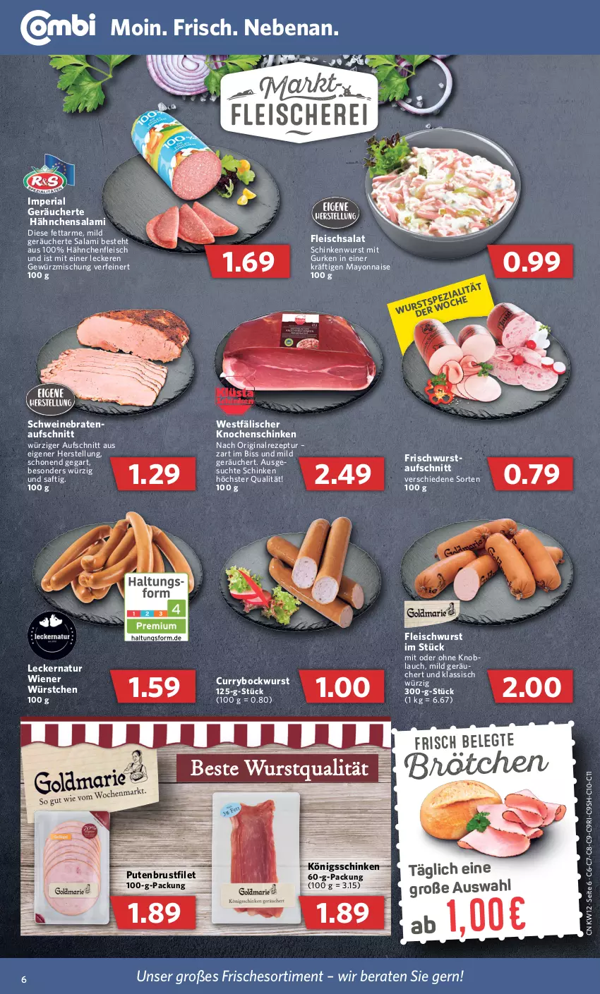 Aktueller Prospekt Combi - Prospekte - von 21.03 bis 26.03.2022 - strona 6 - produkty: aufschnitt, bockwurst, braten, brötchen, brustfilet, curry, eis, filet, fleisch, fleischsalat, fleischwurst, gewürz, Gewürzmischung, gin, gurke, gurken, Hähnchenfleisch, knoblauch, mayonnaise, mit oder ohne knoblauch, natur, pute, putenbrust, putenbrustfilet, rezept, Ria, saft, salami, salat, schinken, schinkenwurst, schwein, schweine, schweinebraten, Ti, wein, weine, wiener, wiener würstchen, wurst, würstchen, Yo